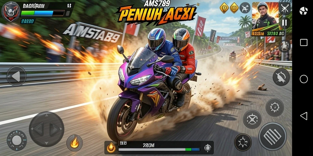 Screenshot menampilkan aksi balapan motor yang mendebarkan.