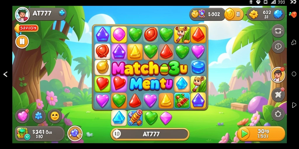 Tampilan gameplay Match-3 yang menarik dan penuh warna.