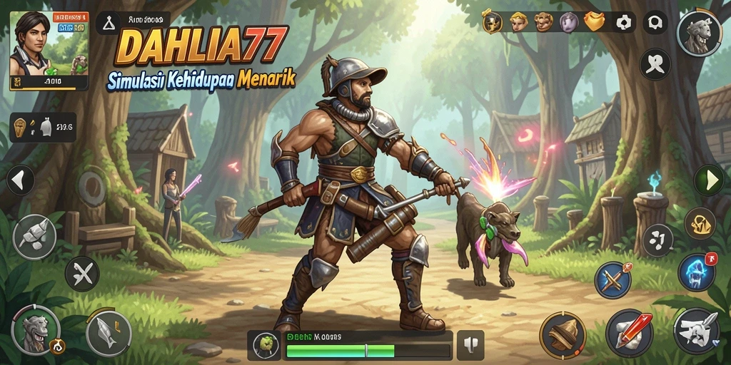 Screenshot gameplay dari DAHLIA77 yang menunjukkan interaksi karakter dan desain rumah.