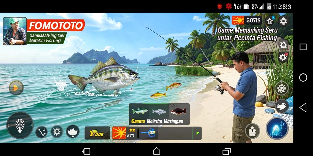 Screenshot gameplay FOMOTOTO menunjukkan aksi memancing yang menggembirakan.