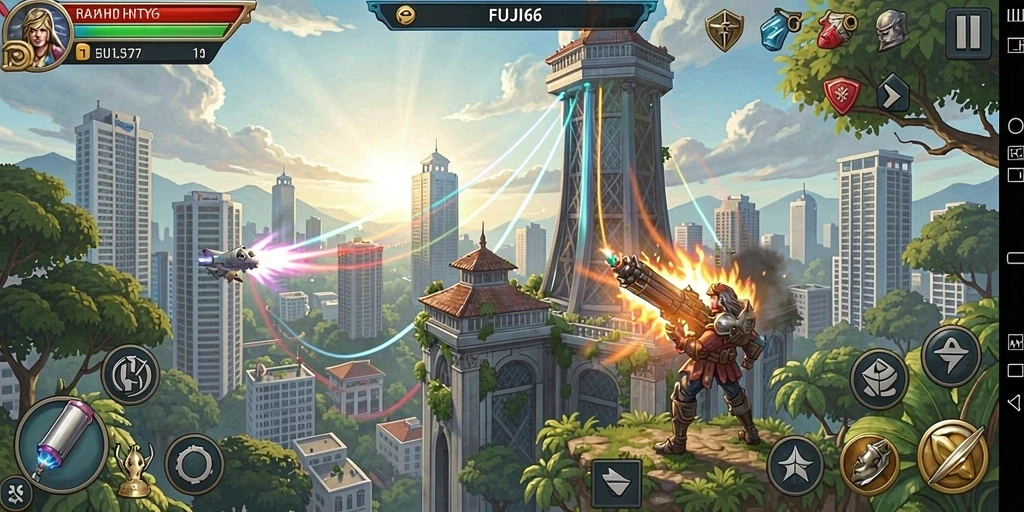 Tangkapan layar menunjukkan gameplay <strong>FUJI66</strong> dengan menara pertahanan yang kokoh dan musuh yang menyerang.