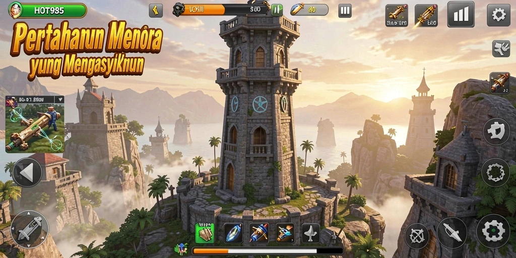 Tampilan gameplay HOT985 yang menegangkan pada setiap level Tower Defense.