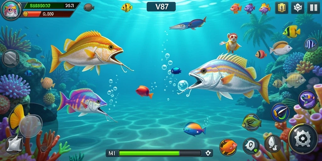 Tampilan gameplay V87 yang seru saat menembak ikan.