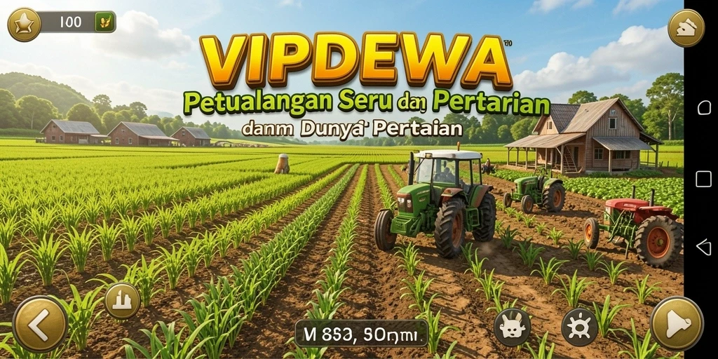 Tangkapan layar gameplay <strong>VIPDEWA</strong> menunjukkan kebun yang rimbun dan aktivitas petani.