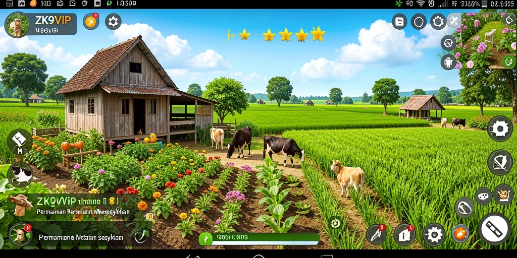 Gameplay ZK9VIP dengan ladang yang subur dan tanaman yang beragam.